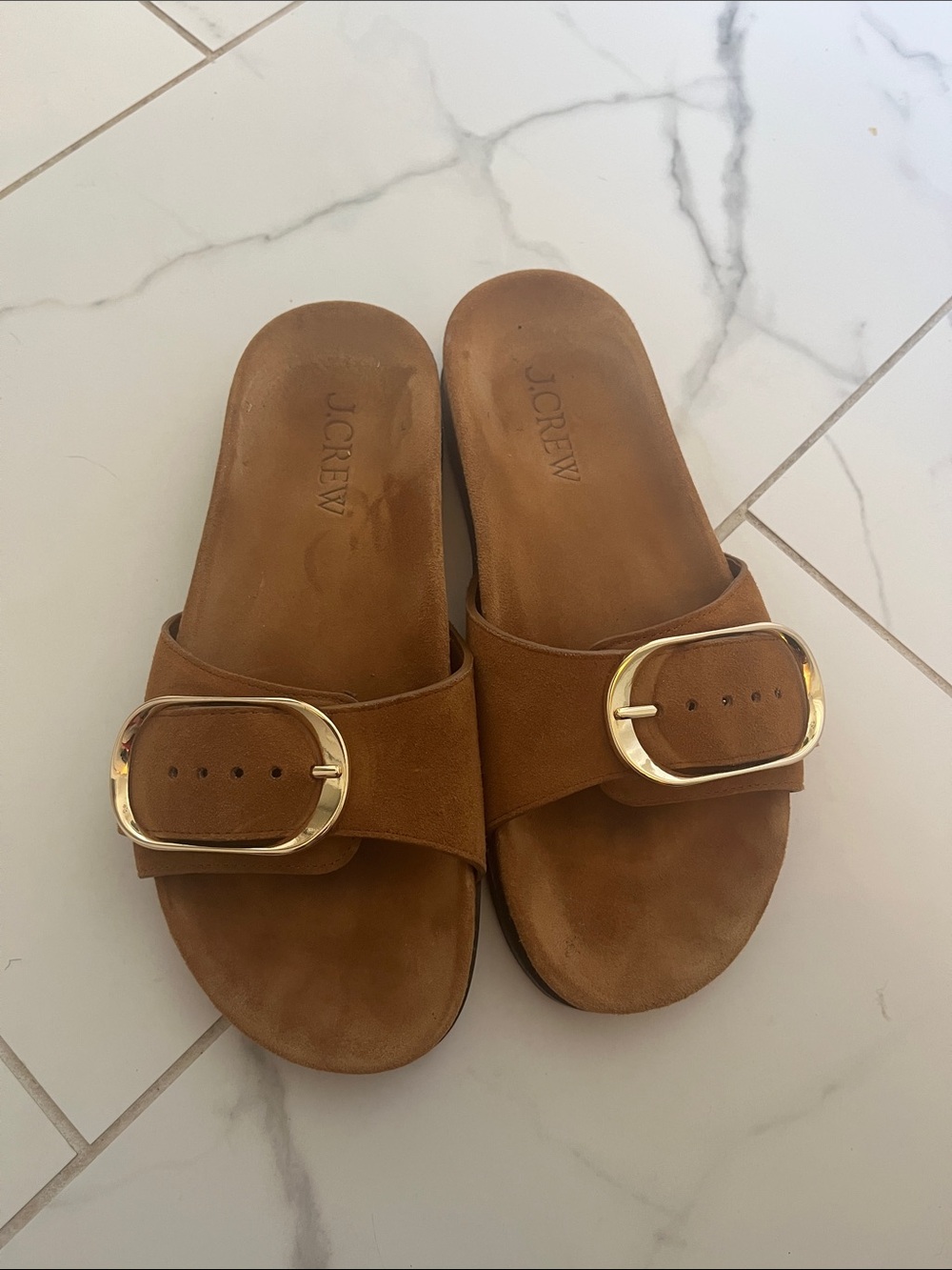 J. Crew Suede Tan Slide Mules with Gold Buckle